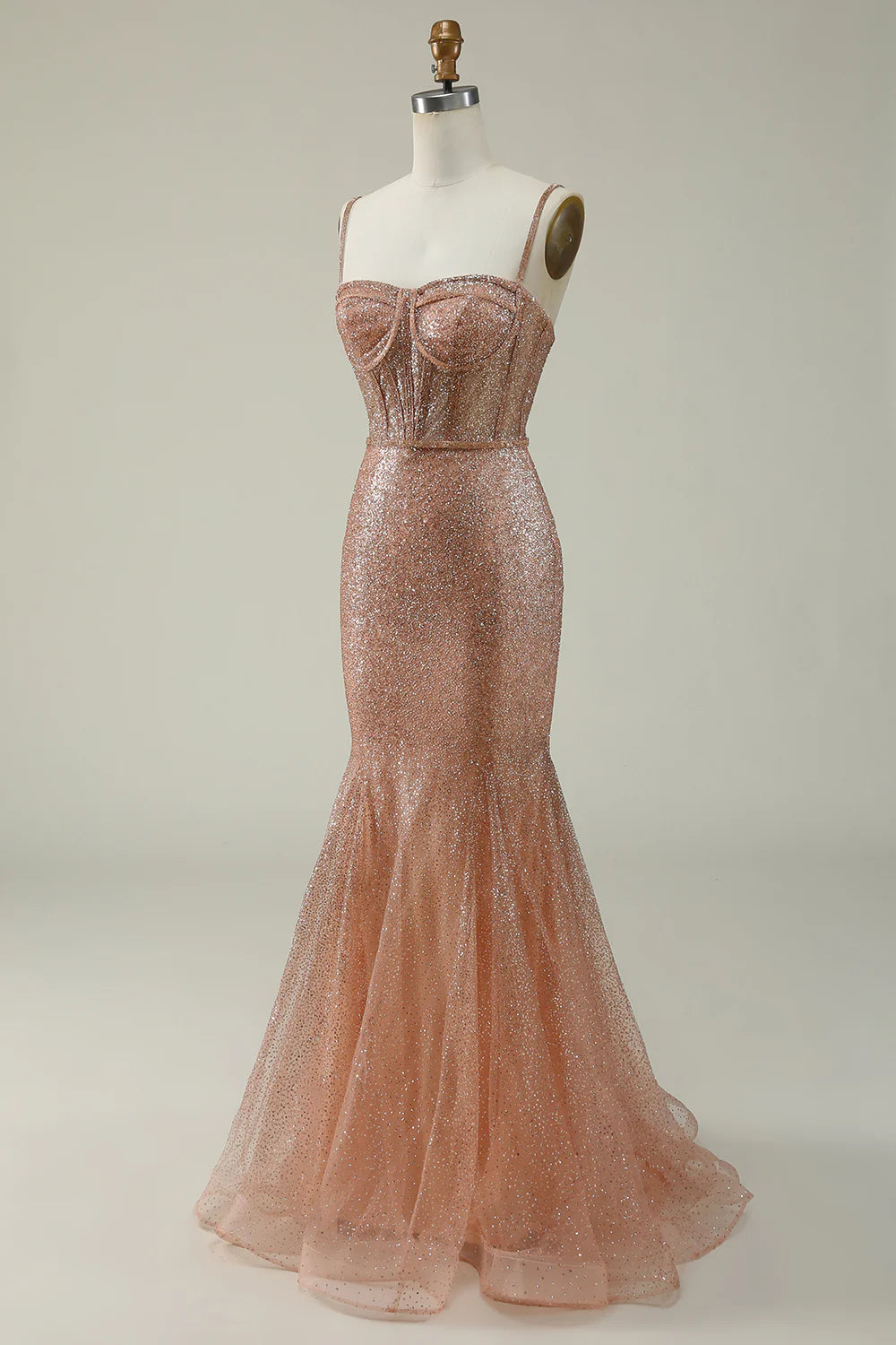 Amzcw Mermaid Spaghetti Straps Blush Sequins Long Prom Dress