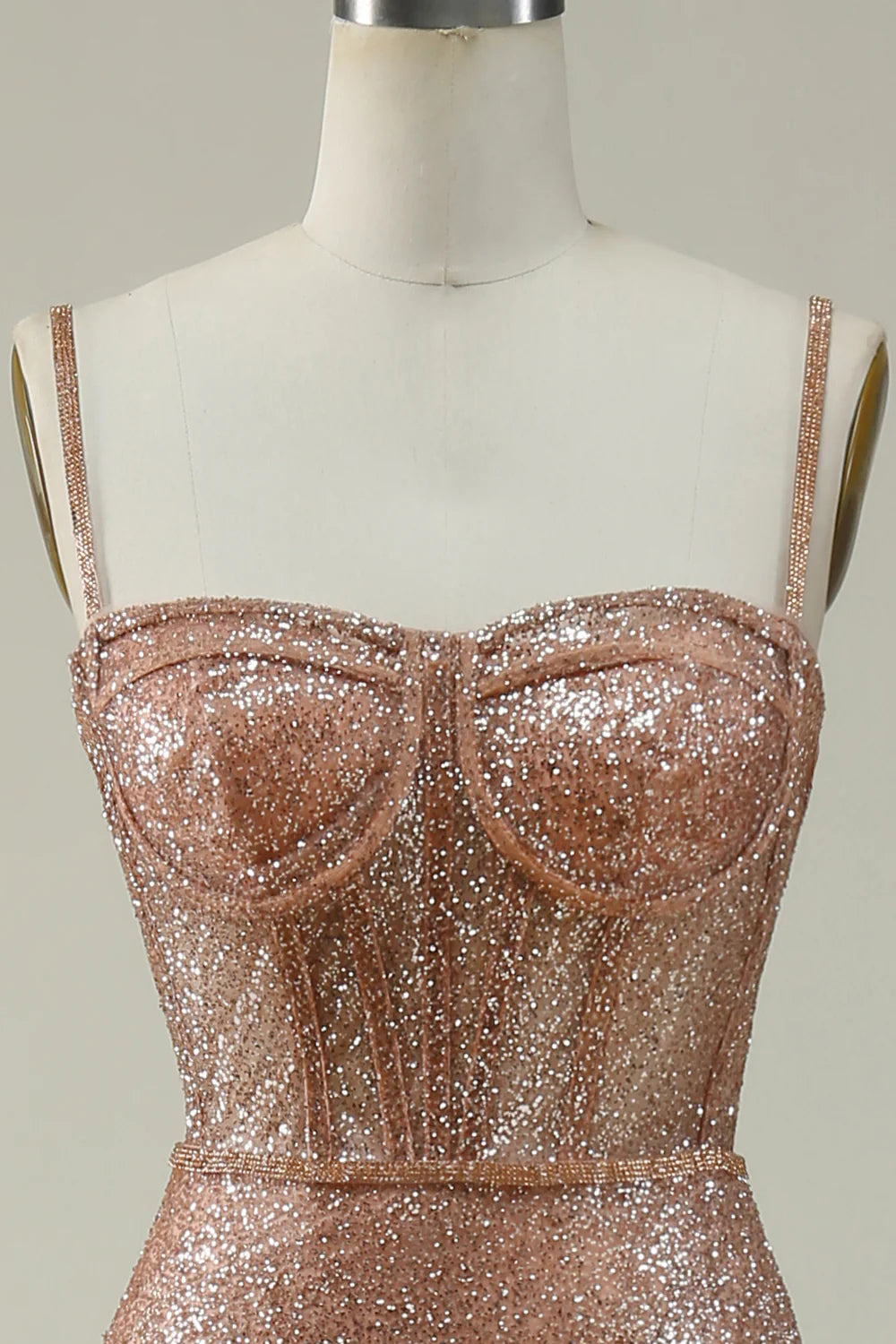 Amzcw Mermaid Spaghetti Straps Blush Sequins Long Prom Dress