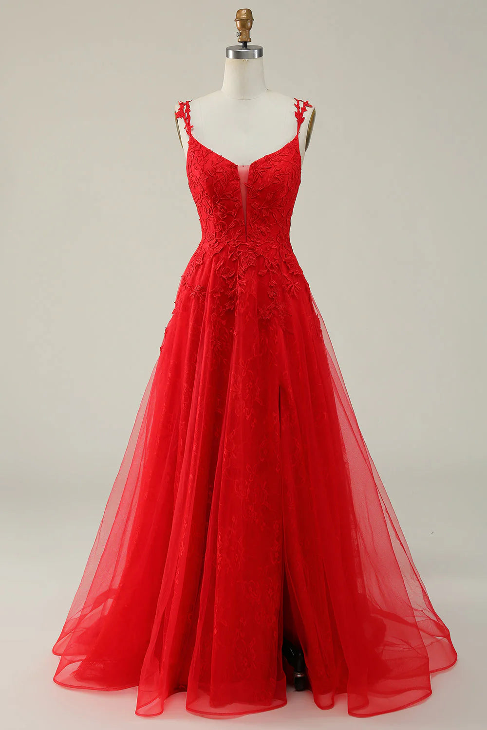 Amzcw A Line Spaghetti Straps Red Long Prom Dress with Appliques