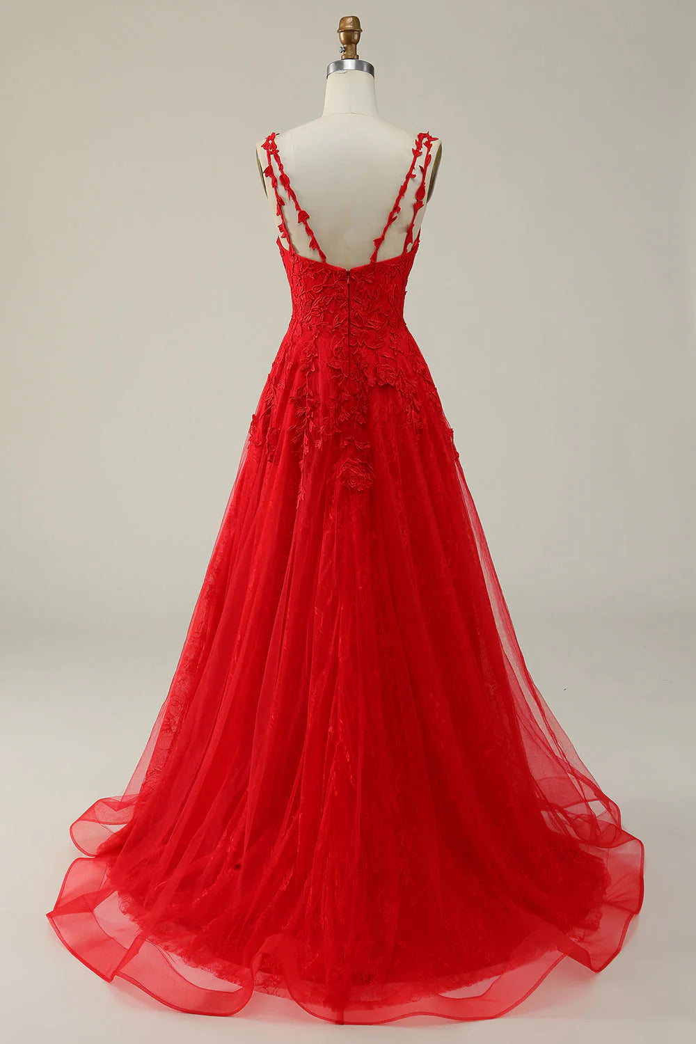 Amzcw A Line Spaghetti Straps Red Long Prom Dress with Appliques