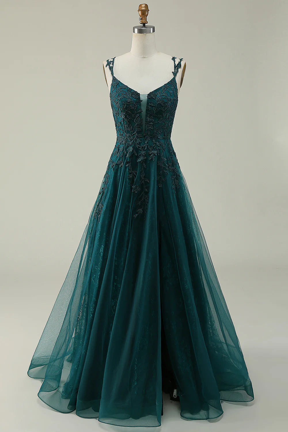 Amzcw A Line Spaghetti Straps Dark Green Long Prom Dress with Appliques
