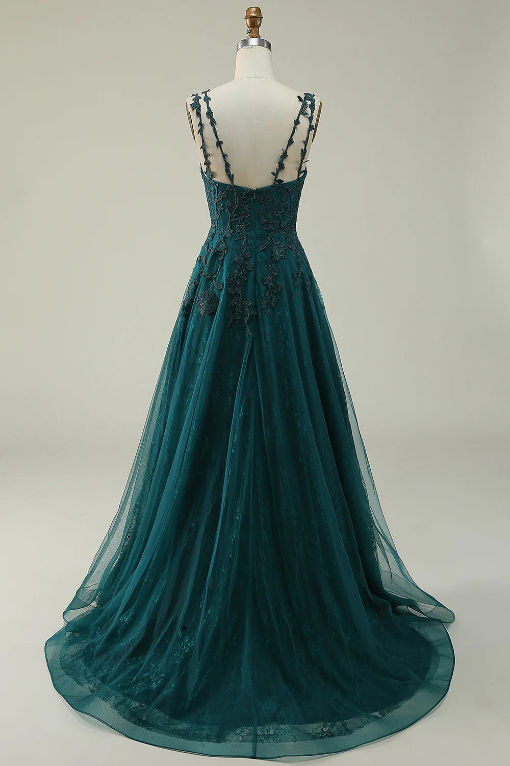 Amzcw A Line Spaghetti Straps Dark Green Long Prom Dress with Appliques