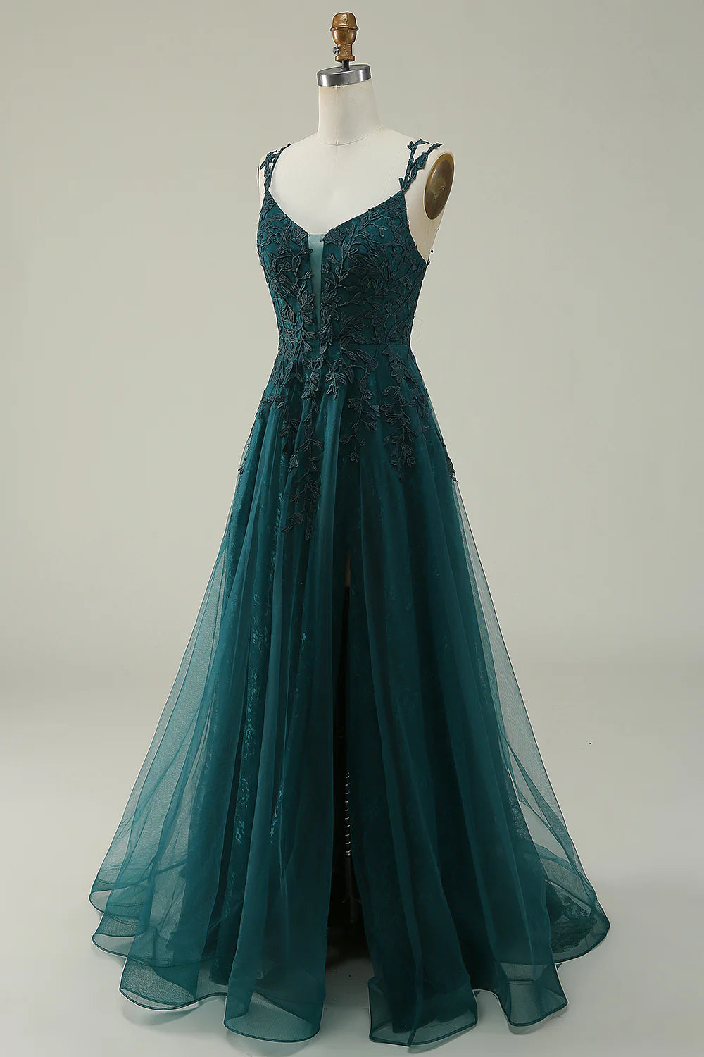 Amzcw A Line Spaghetti Straps Dark Green Long Prom Dress with Appliques