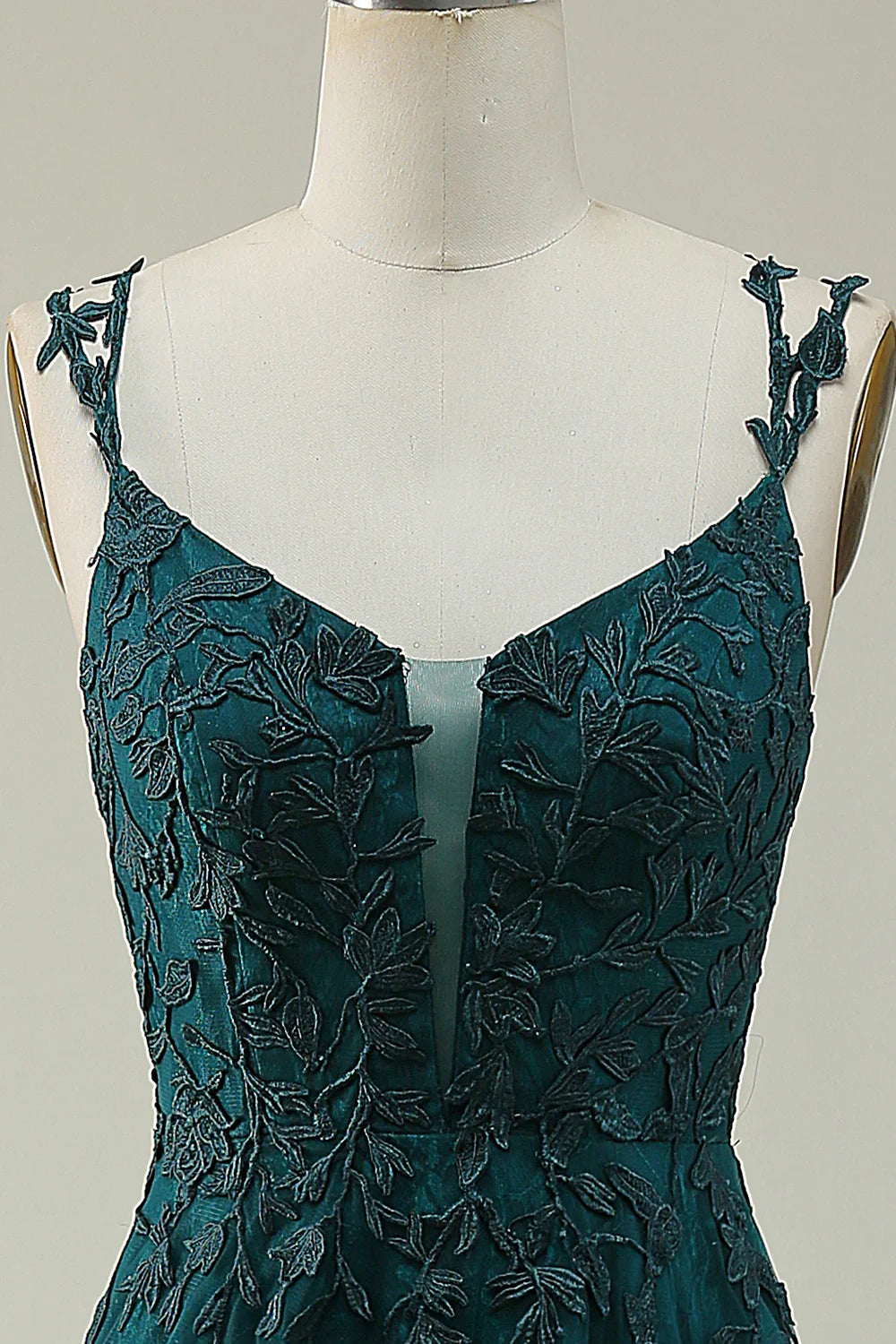 Amzcw A Line Spaghetti Straps Dark Green Long Prom Dress with Appliques
