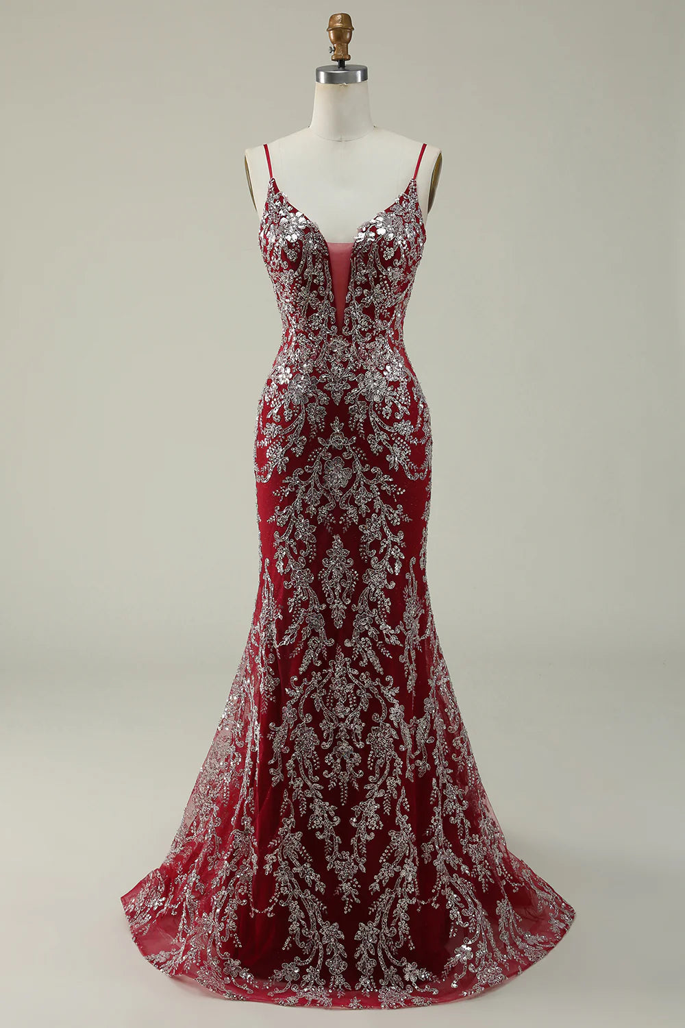 Amzcw Mermaid Spaghetti Straps Burgundy Long Prom Dress with Bronzing
