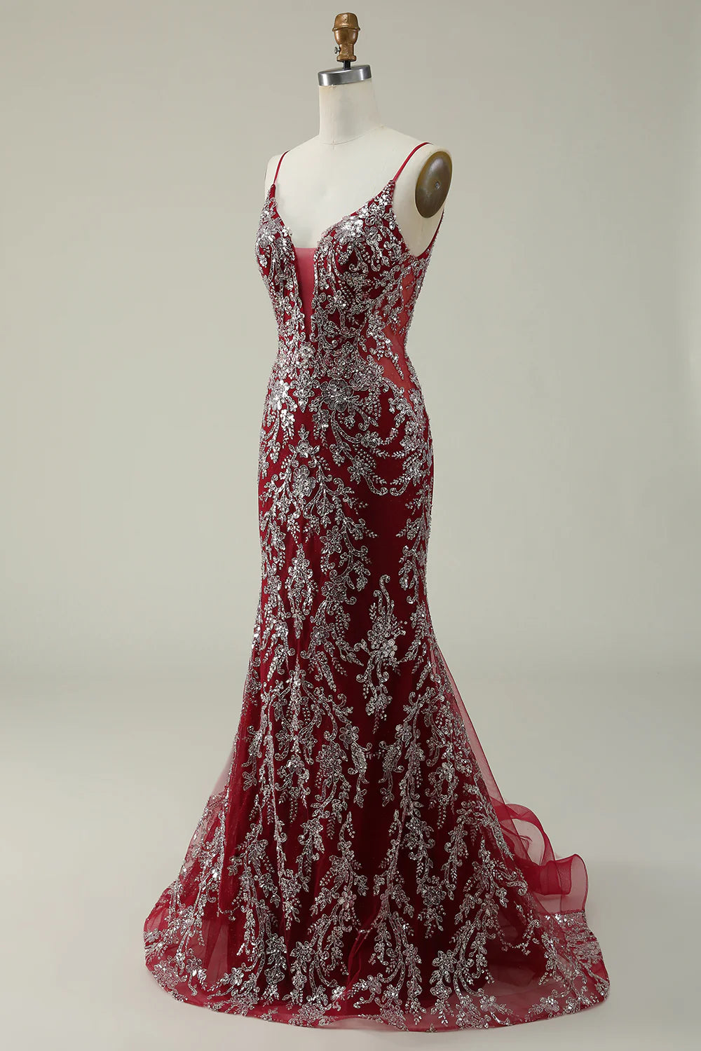 Amzcw Mermaid Spaghetti Straps Burgundy Long Prom Dress with Bronzing