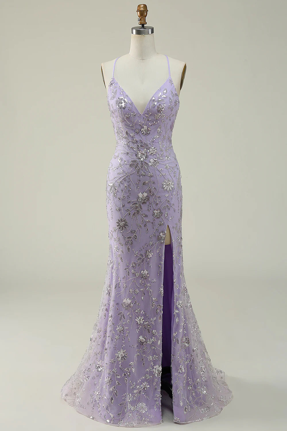 Amzcw Mermaid Spaghetti Straps Purple Long Prom Dress with Beading