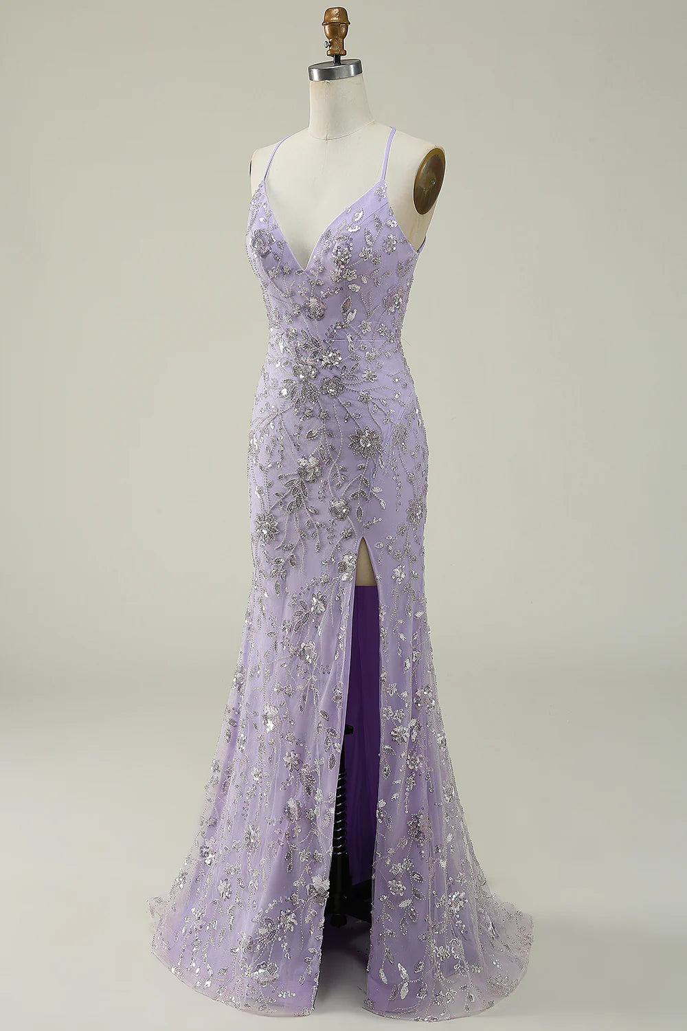 Amzcw Mermaid Spaghetti Straps Purple Long Prom Dress with Beading