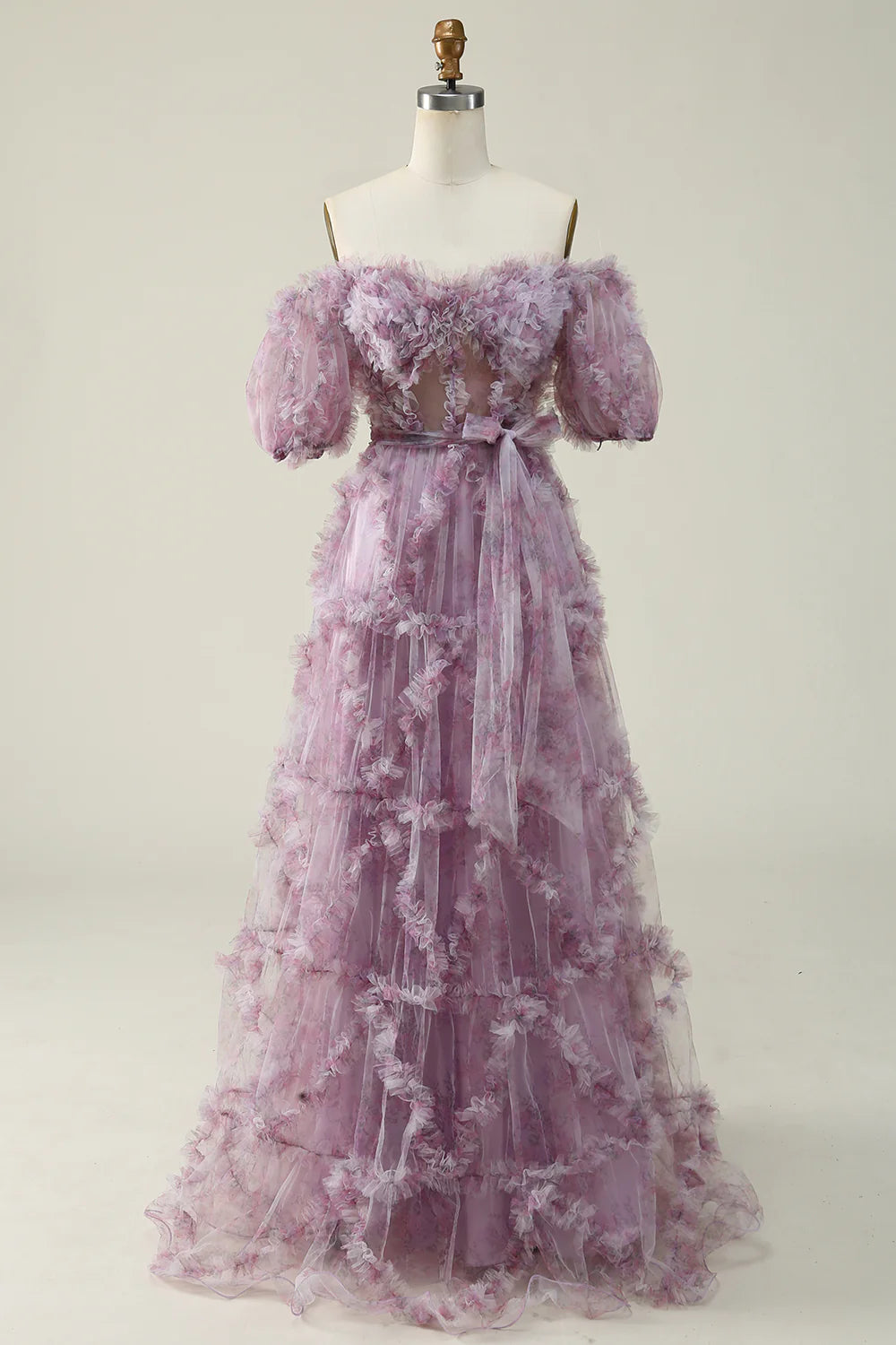 Amzcw A Line Off the Shoulder Purple Long Prom Dress with Printing