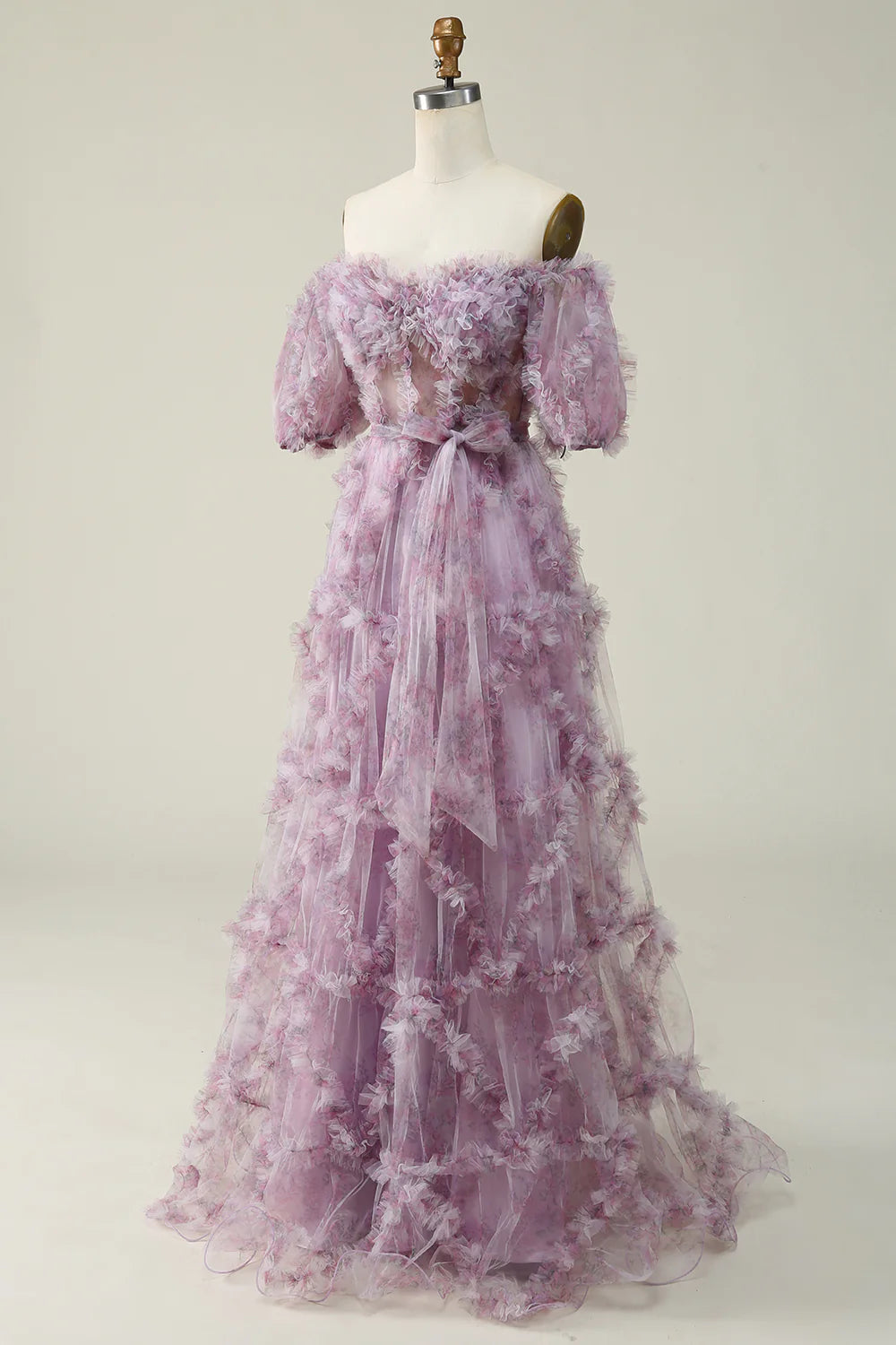 Amzcw A Line Off the Shoulder Purple Long Prom Dress with Printing