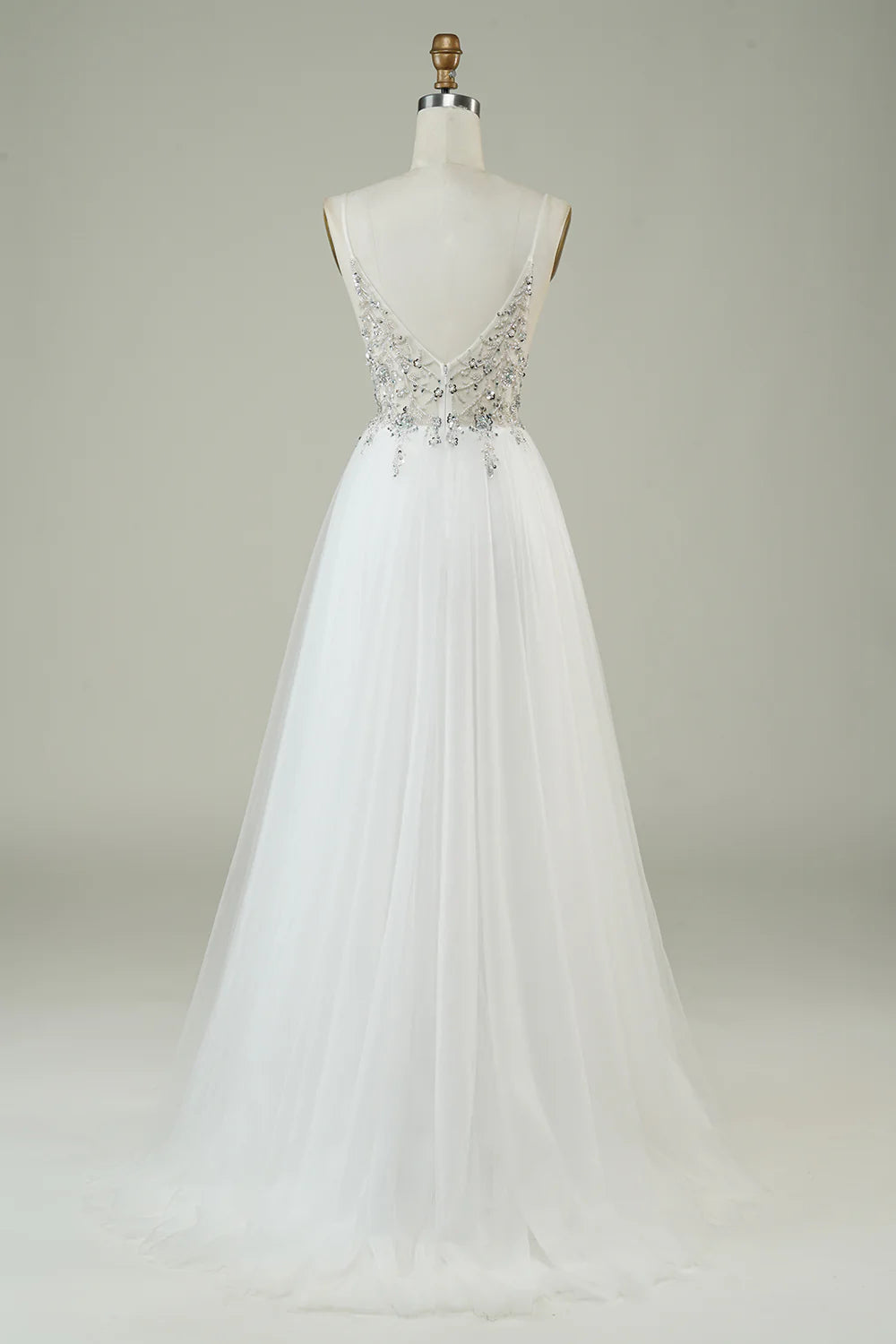 Amzcw Gorgeous A Line Spaghetti Straps White Tulle Long Wedding Dress with Beading
