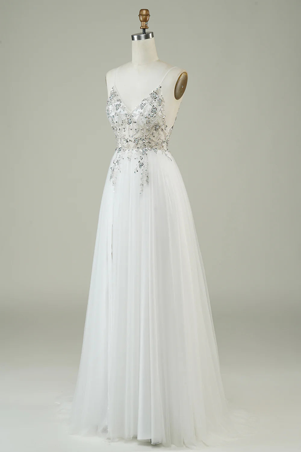 Amzcw Gorgeous A Line Spaghetti Straps White Tulle Long Wedding Dress with Beading