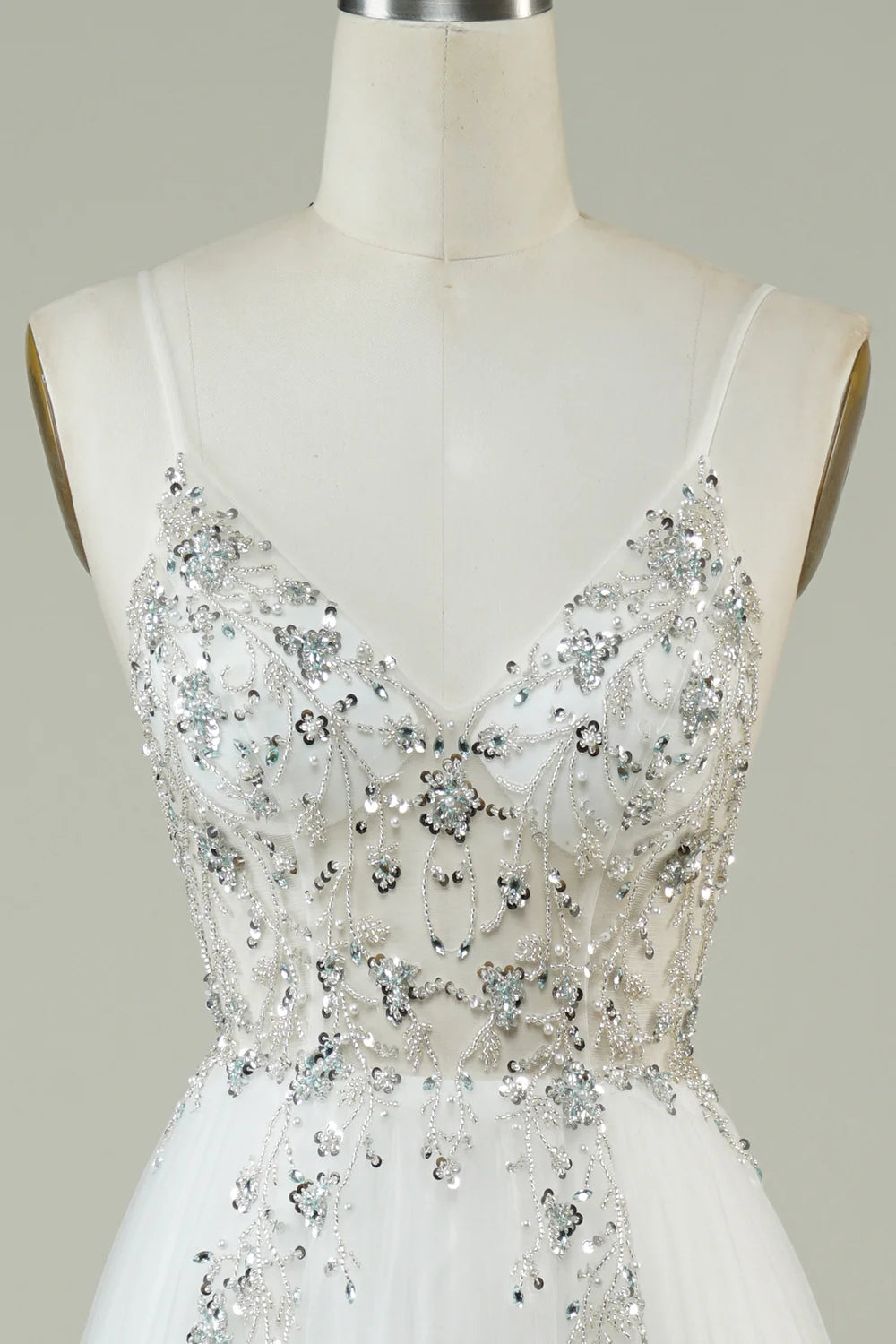 Amzcw Gorgeous A Line Spaghetti Straps White Tulle Long Wedding Dress with Beading