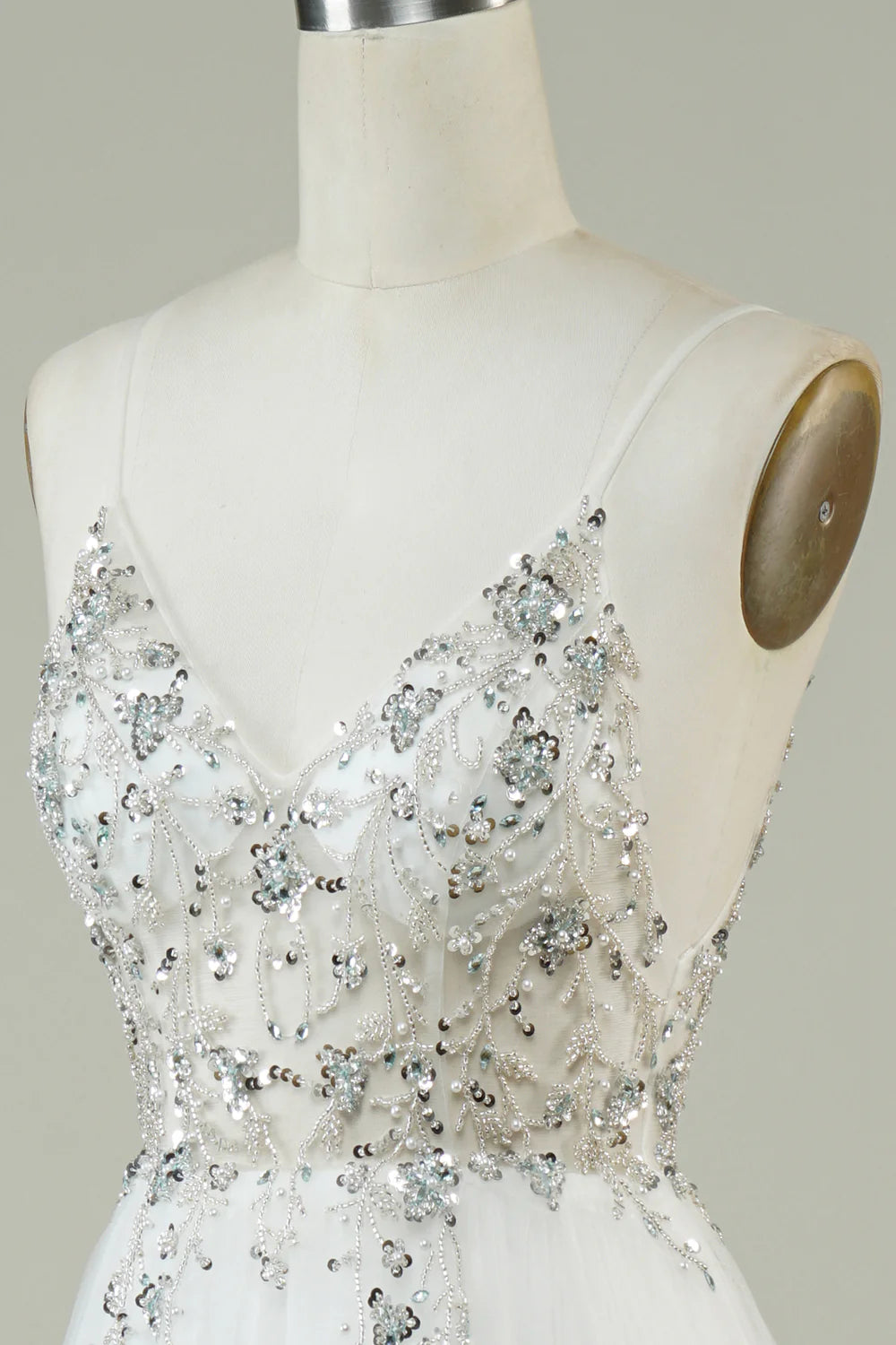 Amzcw Gorgeous A Line Spaghetti Straps White Tulle Long Wedding Dress with Beading