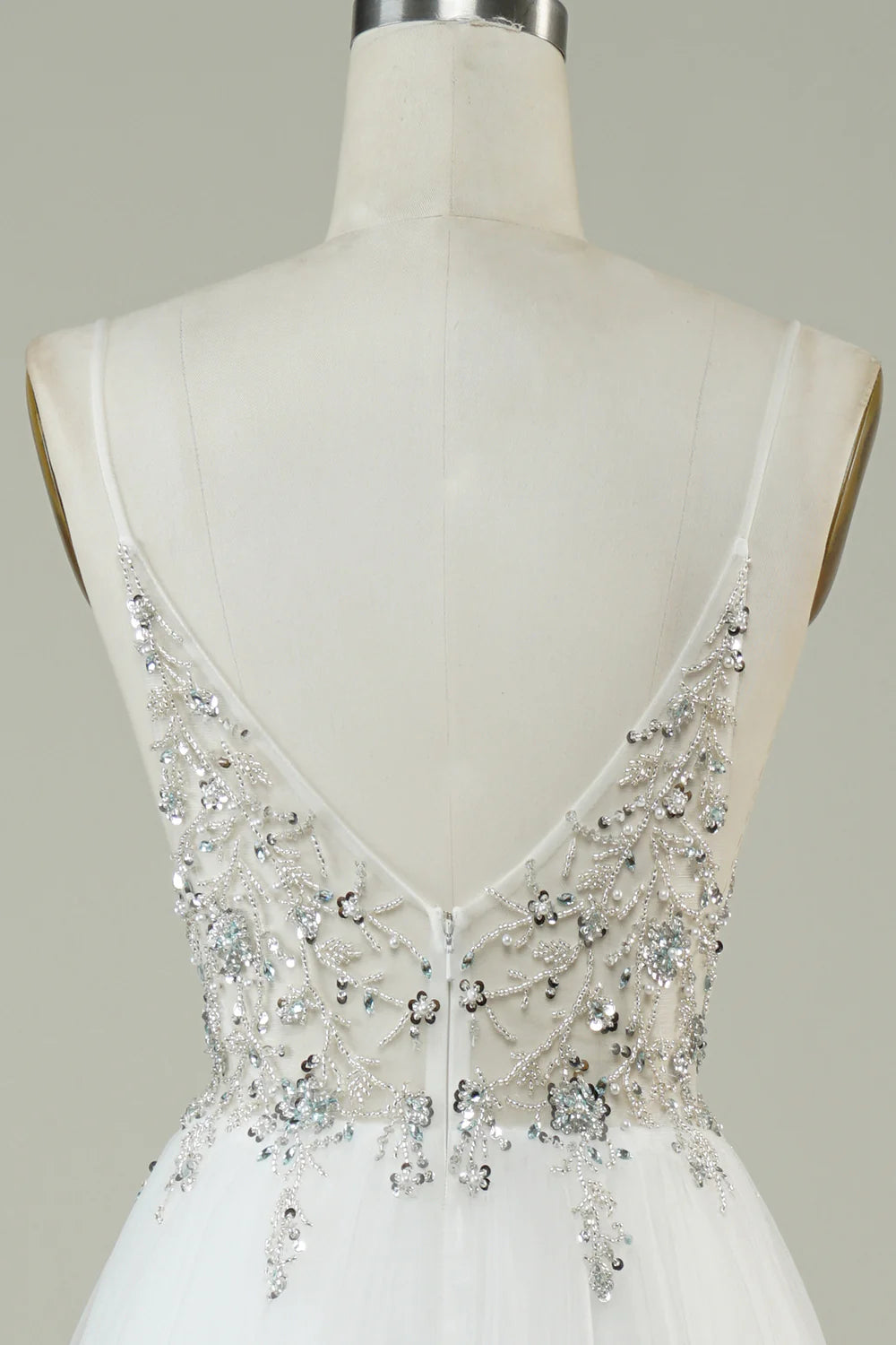 Amzcw Gorgeous A Line Spaghetti Straps White Tulle Long Wedding Dress with Beading