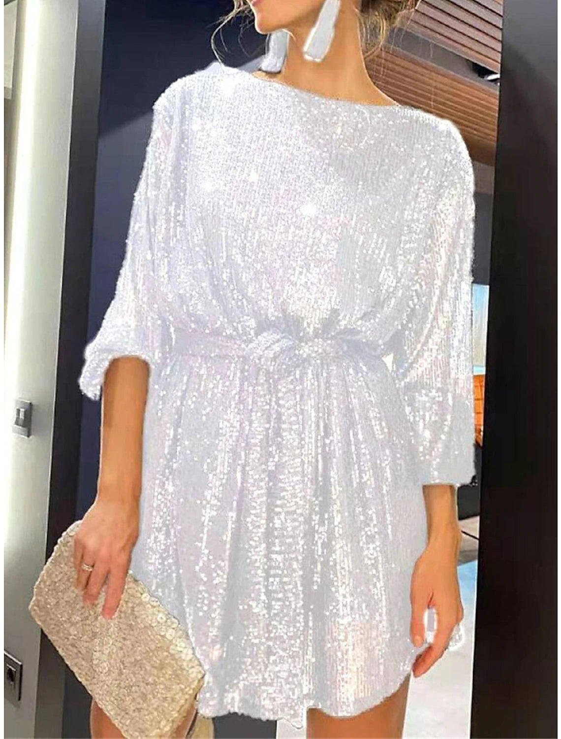 Women‘s Sequin Dress Party Dress Sparkly Dress Black Dress Homecoming Cocktail Dress Mini Dress Silver White Long Sleeve Sparkly Glitter Lace up Winter Dress