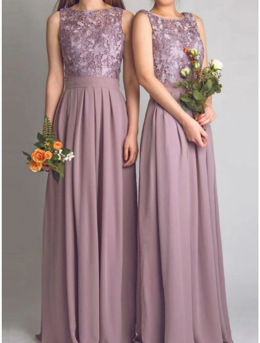 A-Line Bridesmaid Dress Scoop Neck Sleeveless Elegant Floor Length Chiffon with Lace / Ruching