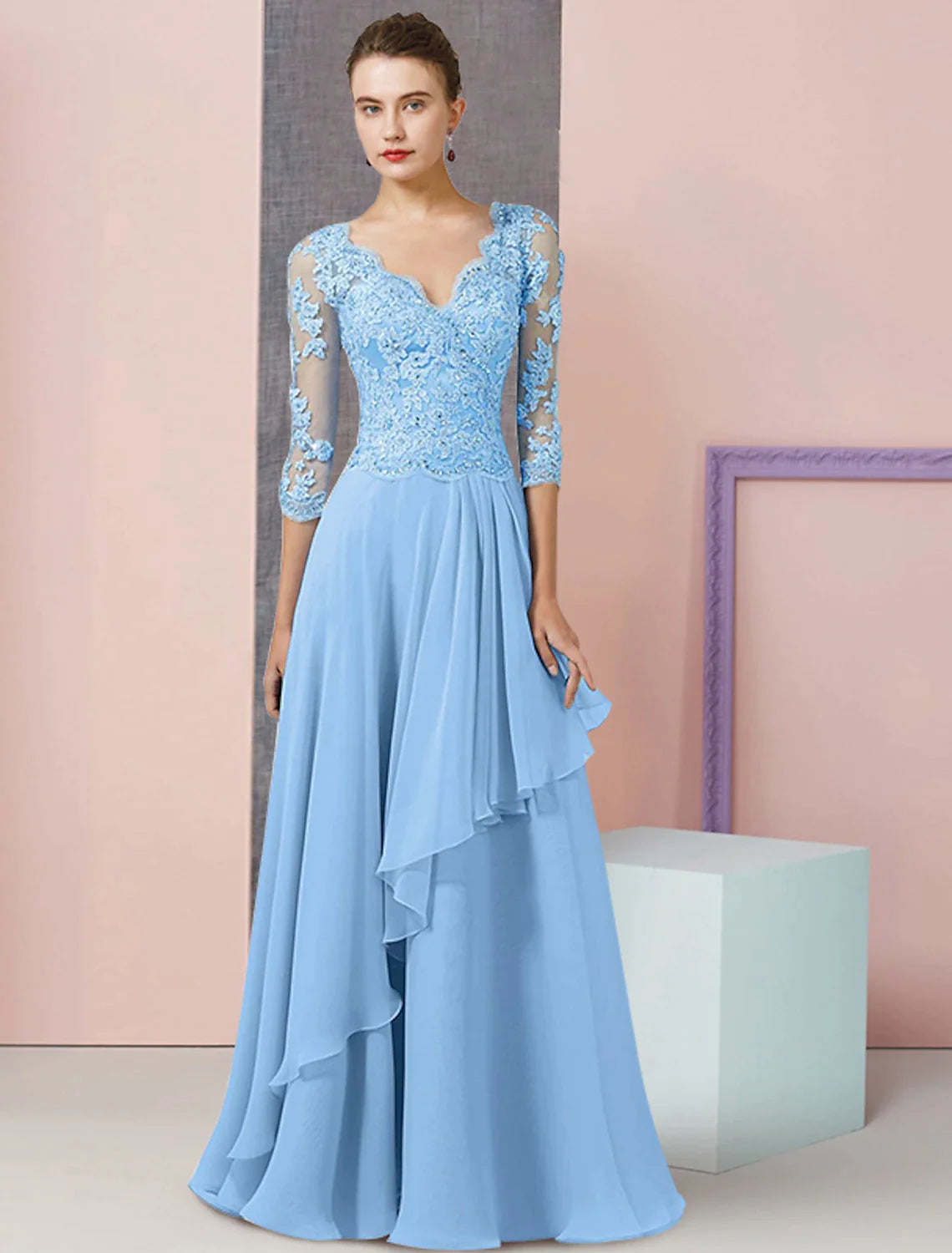 A-Line Mother of the Bride Dress Formal Wedding Guest Vintage Elegant V Neck Floor Length Chiffon Lace Half Sleeve with Beading Sequin Appliques