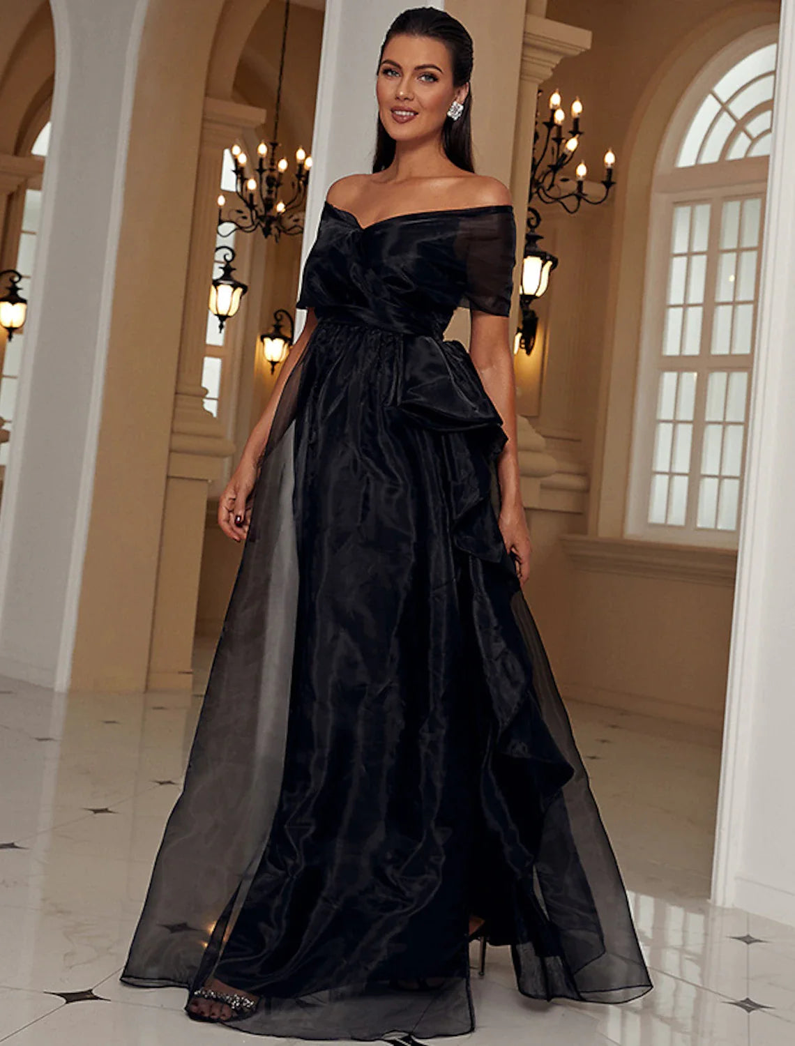 A-Line Evening Gown Sexy Dress Formal Floor Length Short Sleeve Off Shoulder Wednesday Addams Family Polyester with Ruffles Slit