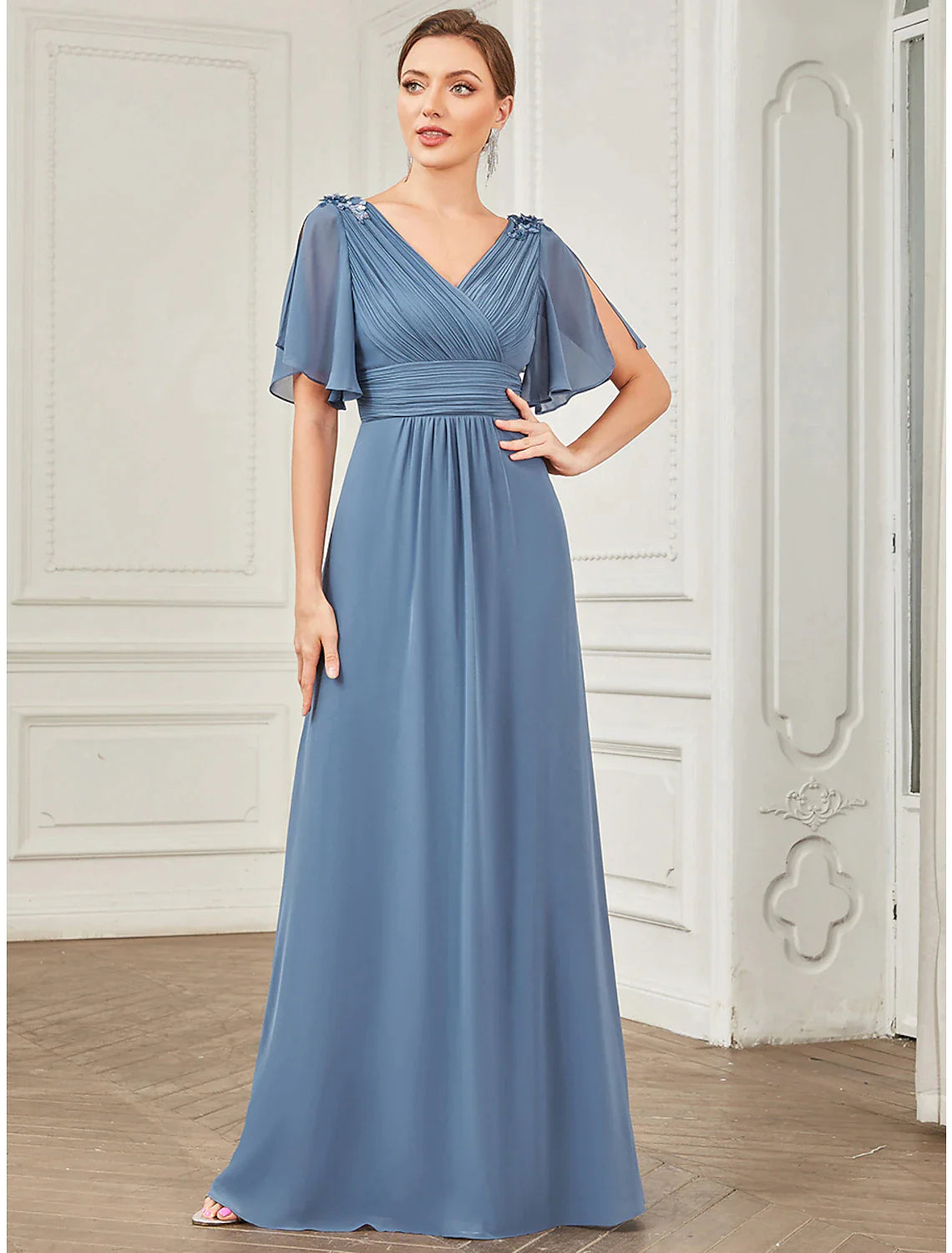 A-Line Prom Dresses Party Dress Wedding Guest Floor Length Short Sleeve V Neck Chiffon with Ruched Appliques