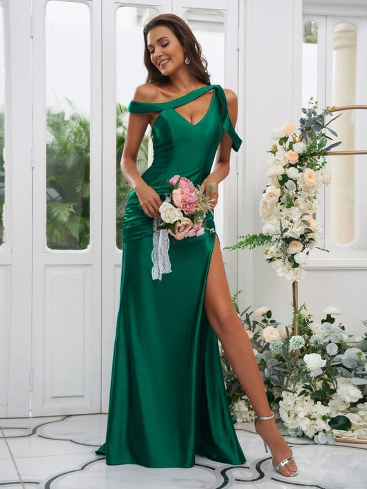Sheath/Column Polyester Ruched Off-the-Shoulder Sleeveless Sweep/Brush Train Bridesmaid Dresses