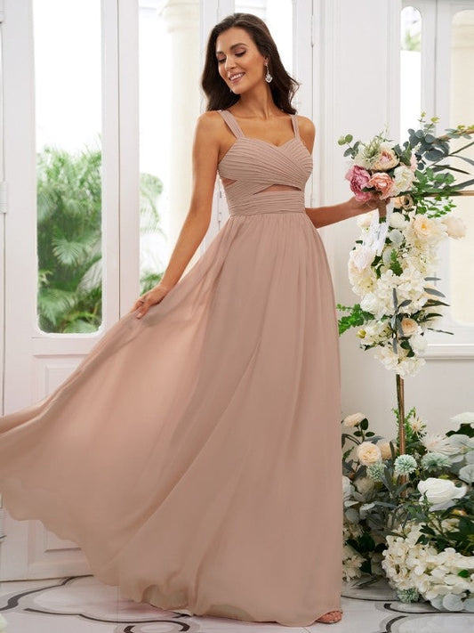 A-Line/Princess Chiffon Ruched Straps Sleeveless Floor-Length Bridesmaid Dresses