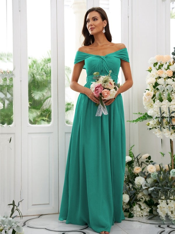 A-Line/Princess Chiffon Ruched Off-the-Shoulder Sleeveless Floor-Length Bridesmaid Dresses