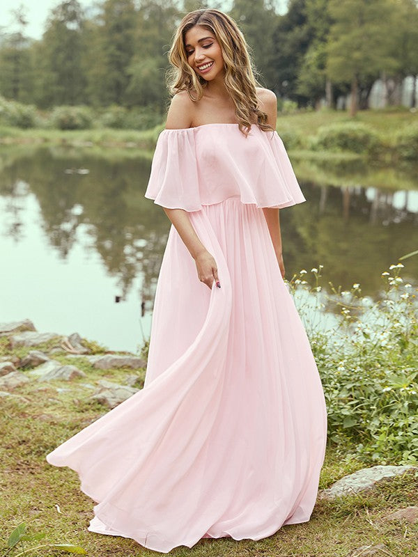 A-Line/Princess Chiffon Ruffles Off-the-Shoulder Short Sleeves Sweep/Brush Train Bridesmaid Dresses