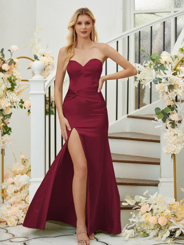 Sheath/Column Silk like Satin Ruched Sweetheart Sleeveless Floor-Length Bridesmaid Dresses