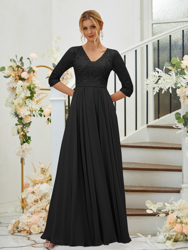 A-Line/Princess Chiffon Lace V-neck 3/4 Sleeves Floor-Length Bridesmaid Dresses