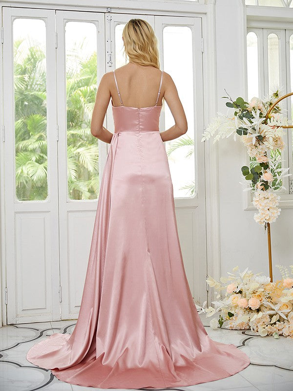 Sheath/Column Elastic Woven Satin Ruched Spaghetti Straps Sleeveless Sweep/Brush Train Bridesmaid Dresses