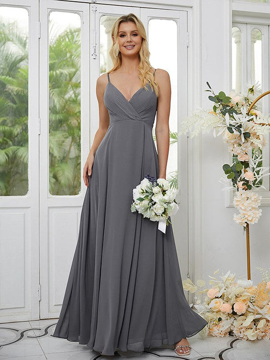 A-Line/Princess Chiffon Ruched V-neck Sleeveless Floor-Length Bridesmaid Dresses