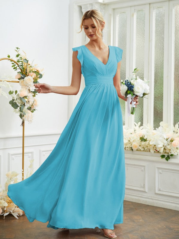 A-Line/Princess Chiffon Ruched V-neck Sleeveless Floor-Length Bridesmaid Dresses
