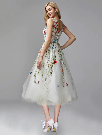 A-Line Prom Dresses Floral Dress Engagement Tea Length Sleeveless Jewel Neck Chiffon with Lace Insert Appliques