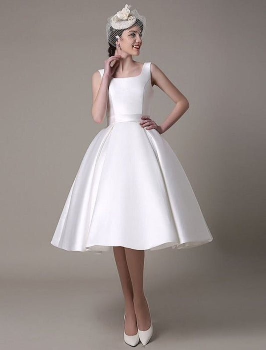 A-Line Cocktail Dresses Party Dress Wedding Guest Knee Length Sleeveless Square Neck Satin with Pleats