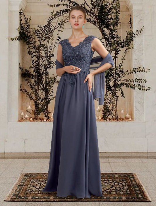 A-Line Mother of the Bride Dress Elegant V Neck Floor Length Chiffon Lace Sleeveless Shawls with Pleats Sequin Crystal Brooch