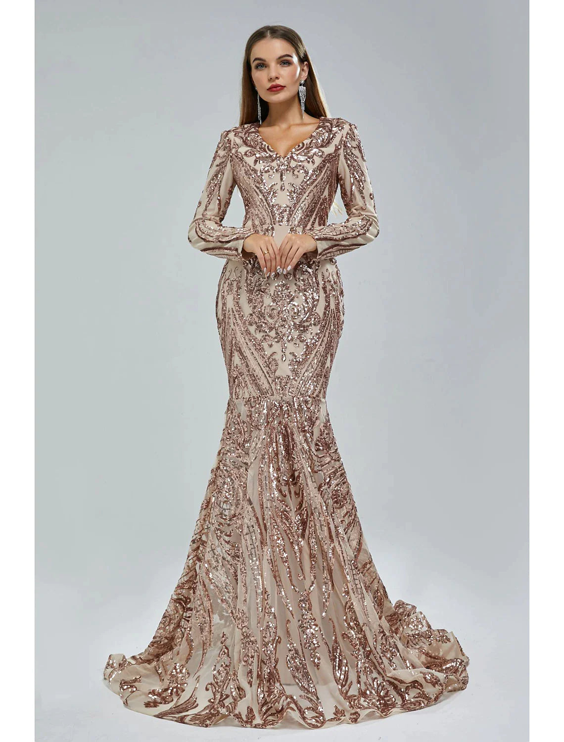 Mermaid / Trumpet Evening Gown Sparkle & Shine Dress Formal Court Train Long Sleeve V Neck African American Lace with Sequin