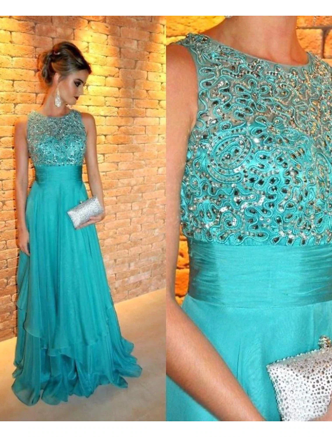 A-Line Evening Gown Tiered Prom Dress Formal Sweep / Brush Train Sleeveless Jewel Neck Chiffon with Rhinestone