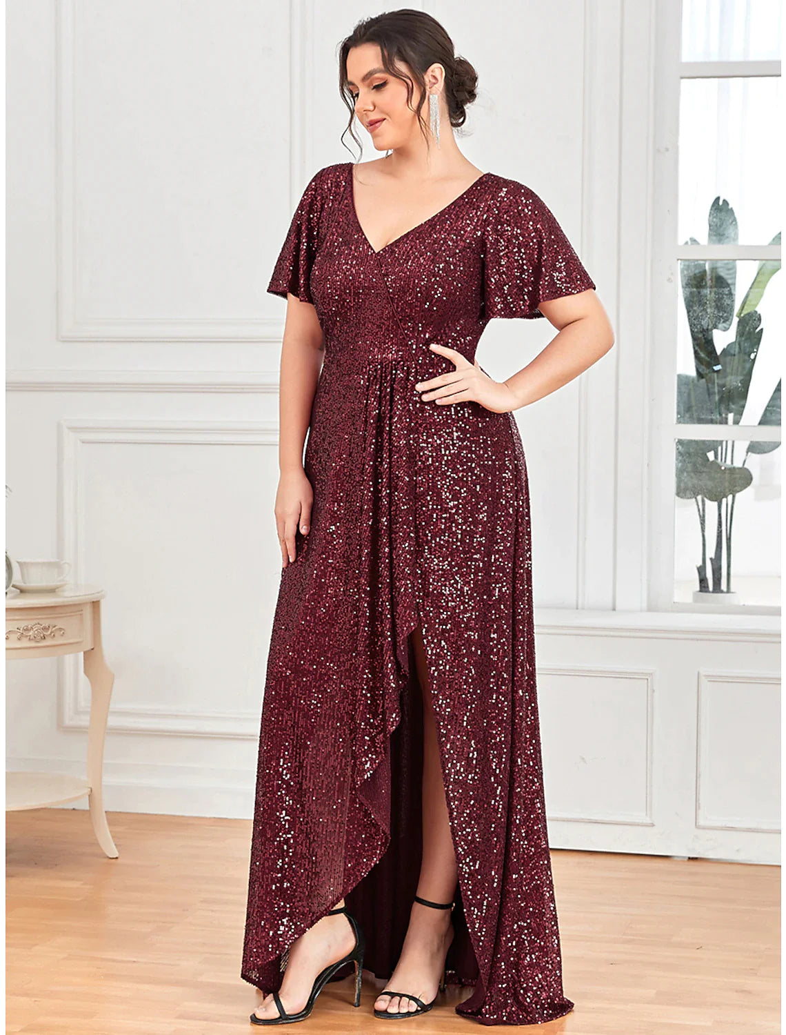 A-Line Evening Gown Vintage Dress Party Wear Floor Length Short Sleeve V Neck Sequined with Sequin