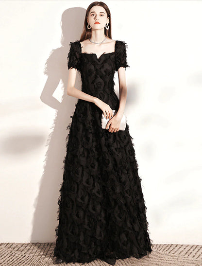 A-Line Evening Gown Minimalist Dress Wedding Guest Floor Length Short Sleeve Scoop Neck Nylon with Feather Pure Color