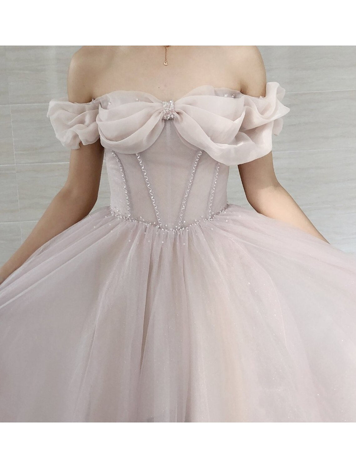 A-Line Prom Dresses Empire Dress Prom Sweep / Brush Train Short Sleeve Sweetheart Tulle with Pleats Beading