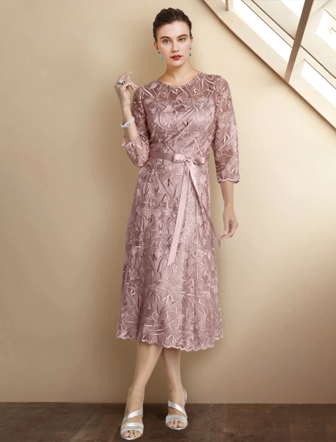 A-Line Mother of the Bride Dress Elegant Jewel Neck Tea Length Lace Charmeuse 3/4 Length Sleeve with Sash / Ribbon Bow(s) Appliques