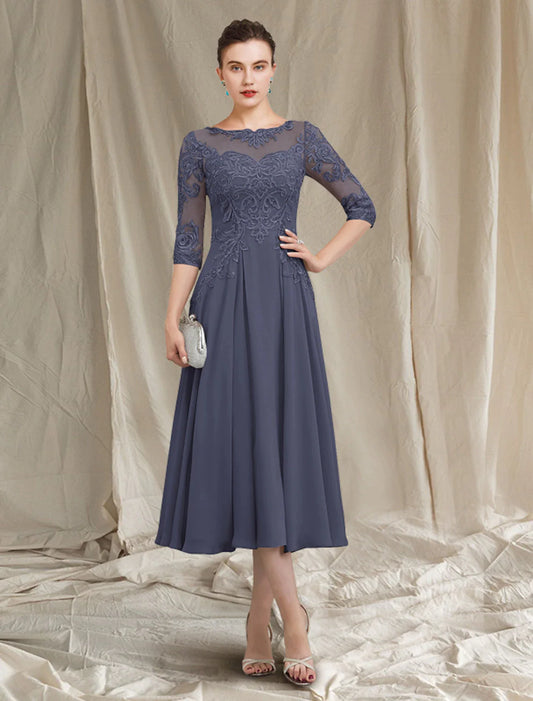 A-Line Mother of the Bride Dress Elegant Jewel Neck Tea Length Chiffon Lace Half Sleeve with Pleats Appliques