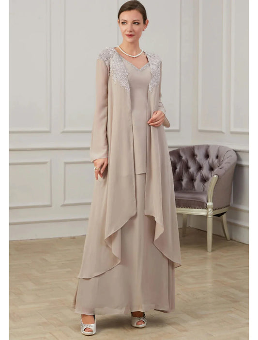 A-Line Mother of the Bride Dress Elegant Jewel Neck Floor Length Chiffon Long Sleeve Jacket Dresses with Appliques