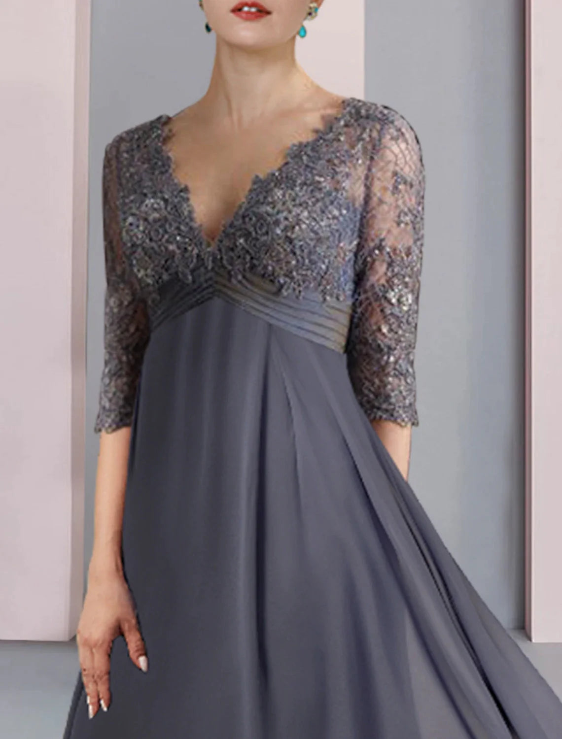 A-Line Mother of the Bride Dress Formal Wedding Guest Vintage Elegant V Neck Tea Length Chiffon Lace Half Sleeve with Beading Sequin Appliques
