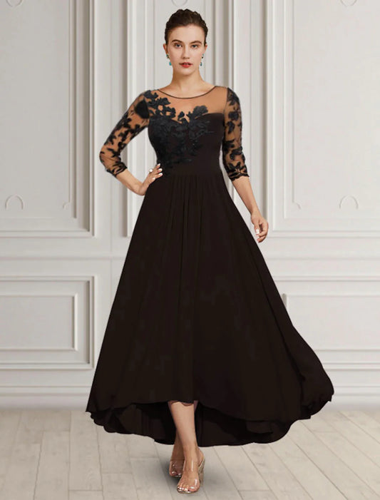A-Line Mother of the Bride Dress Elegant High Low Jewel Neck Asymmetrical Tea Length Chiffon Lace 3/4 Length Sleeve with Appliques
