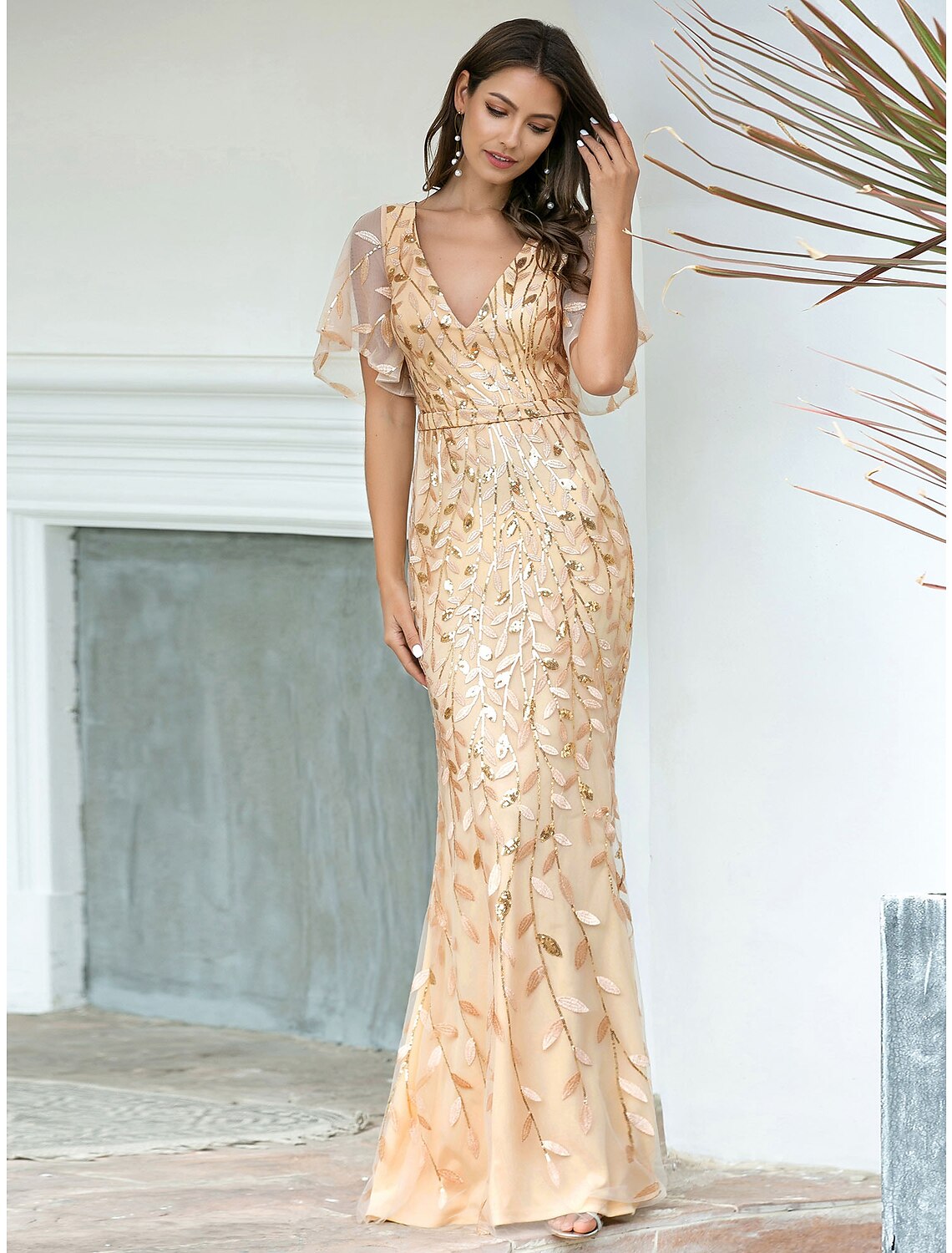 Mermaid / Trumpet Evening Gown Sparkle Dress Wedding Guest Floor Length Short Sleeve V Neck Tulle with Sequin