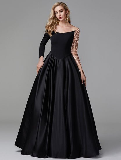 Ball Gown Sparkle Quinceanera Formal Evening Dress Off Shoulder Long Sleeve Floor Length Satin with Sequin