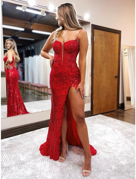 Mermaid / Trumpet Prom Dresses Sparkle & Shine Dress Formal Sweep / Brush Train Sleeveless Spaghetti Strap Sequined Backless with Beading Sequin Slit
