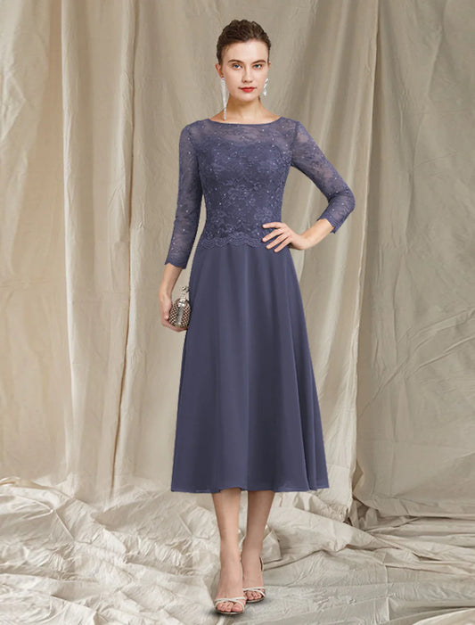 A-Line Mother of the Bride Dress Elegant Jewel Neck Tea Length Chiffon Lace 3/4 Length Sleeve with Sequin